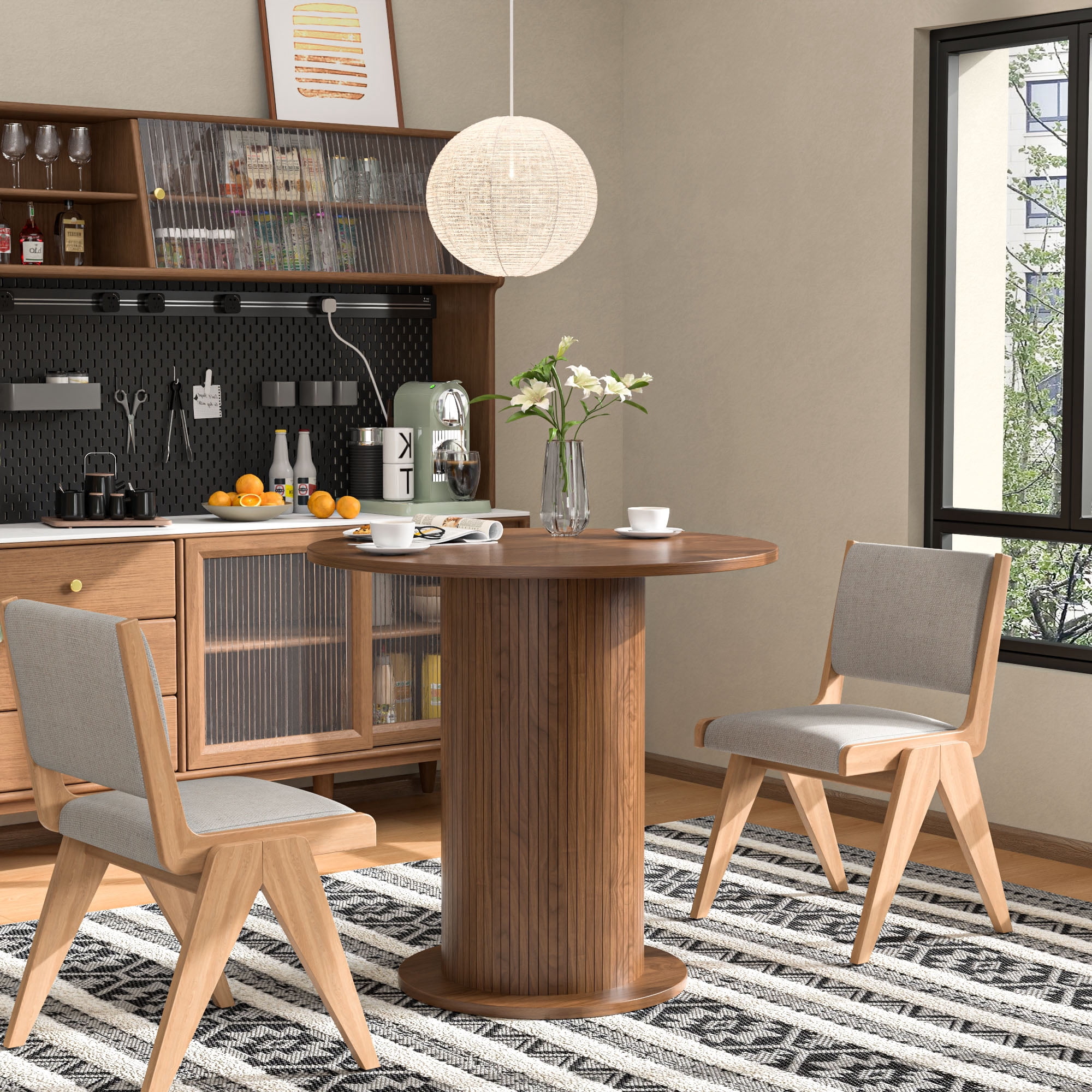 Modern Farmhouse Round Dining Table, Wood Kitchen Table for 2, Small Circle Dining Tables, Walnut