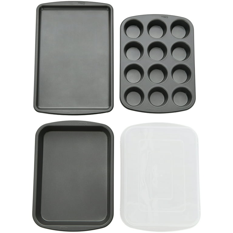 Wilton Nonstick Cookie Sheet, Muffin Pan, Oblong Pan and Cover Bakeware Set, 4-Piece, Silver