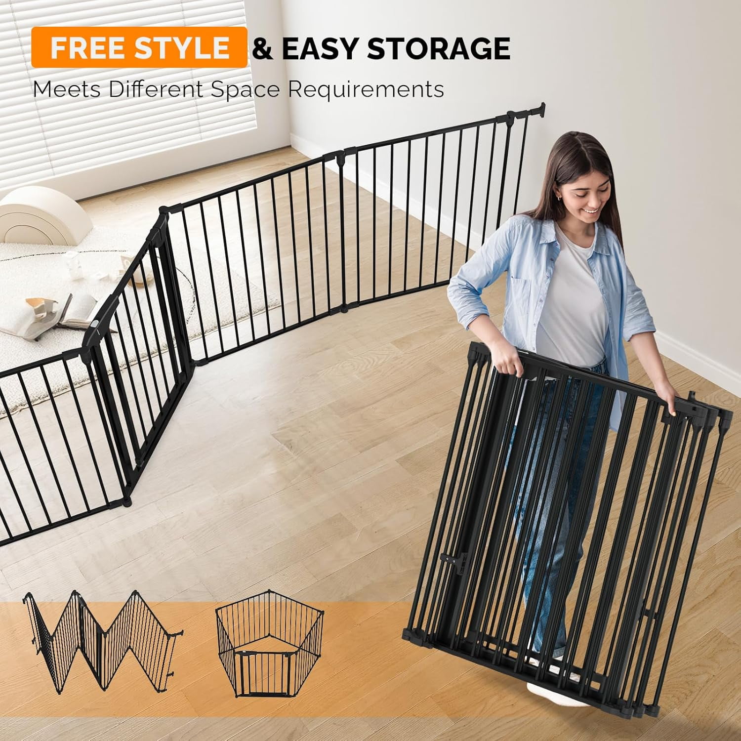 120 Inches Wide Configurable Baby Gate, Fireplace Safety Fence/Guard, Adjustable 5-Panel Metal Play Yard for Toddler/Pet/Dog, Christmas Tree Fence, Includes 4 Pack of Wall Mounts, Black