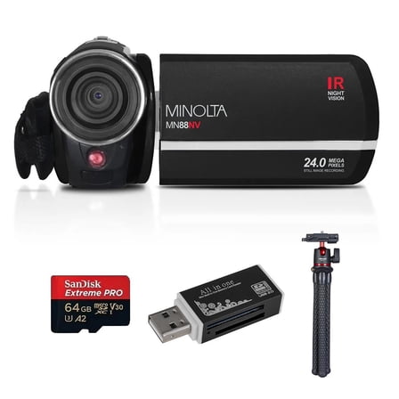 Minolta MN88NV Full HD 24MP 3" Touchscreen Night Vision Camcorder, Black with microSD Card   Tripod   Card Reader