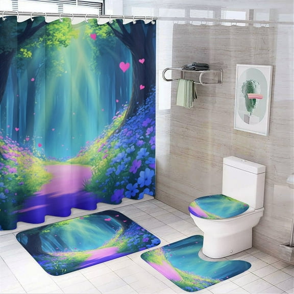 Enchanted Forest Path Shower Curtain Waterproof Bathroom Curtain Set 4pcs with Hooks Rugs Mat Bathroom Curtains Home Decor