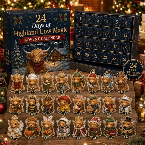 24 Days of Highland Cow Magic Advent Calendar, 24 Cute Highland Cow Mini Figures, Farmhouse Holiday Decor, Christmas Countdown Calendar Gift Set for Cow Lovers