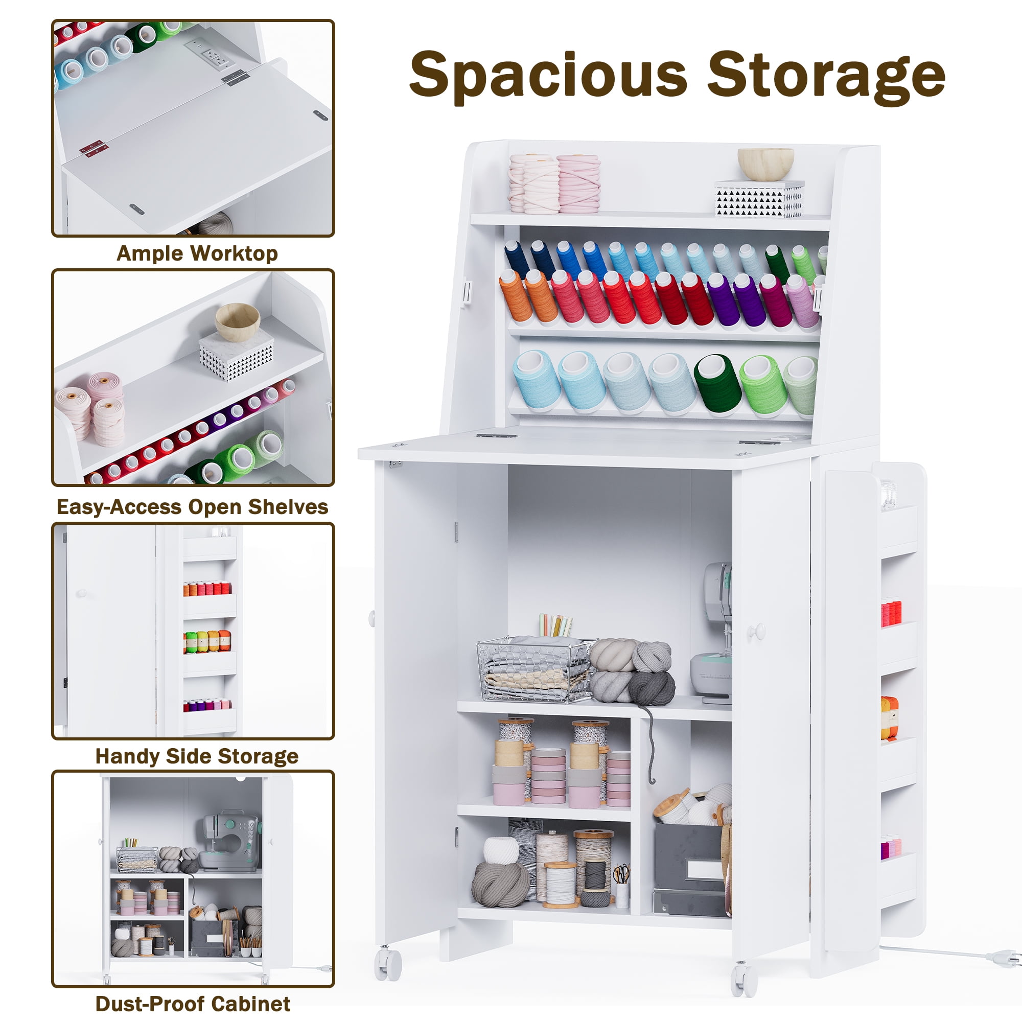 Advwin Sewing Cabinet with Foldable Tabletop, Thread Organizer Shelves, LED Light & Charging Station, Space-Saving Craft Table for Sewing, Quilting, Sewing Station for Small Spaces, White