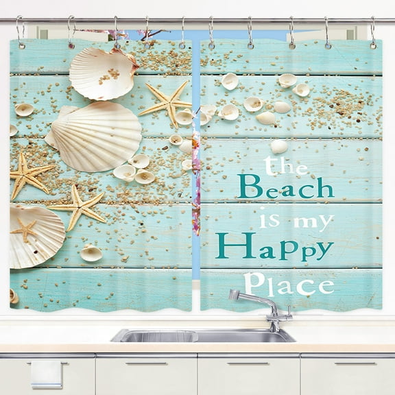 Beach Kitchen Curtains, Beach Starfish Kitchen Curtains, Tropical Beach Blue Sky Palm Tree Kitchen Curtains Summer Seaside Kitchen Curtains Window Drape Treatment Fabric 2 Panels 21 x 45 Inch