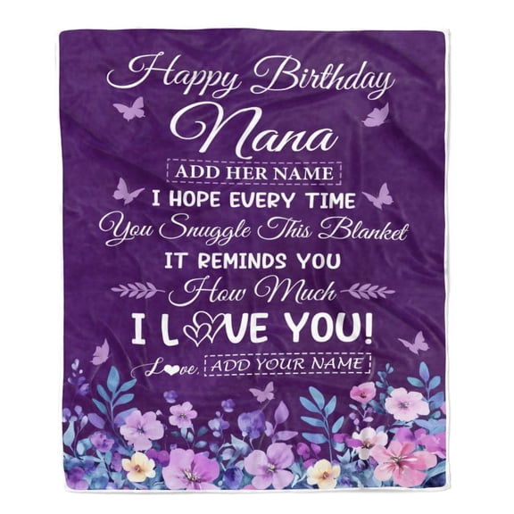 Happy Nana Birthday From Granddaughter Grandson Blanket Purple Floral Unique Birthday Nana Fleece Blanket, 30x40in Fleece Blanket