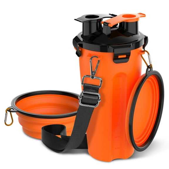 Dog Travel Water Bottle Collapsible Bowls, 2 in 1 Pet Food Container with Collapse Bowls, Outdoor Portable Water Bowls for Walking, Traveling, Camping and Hiking (Orange)