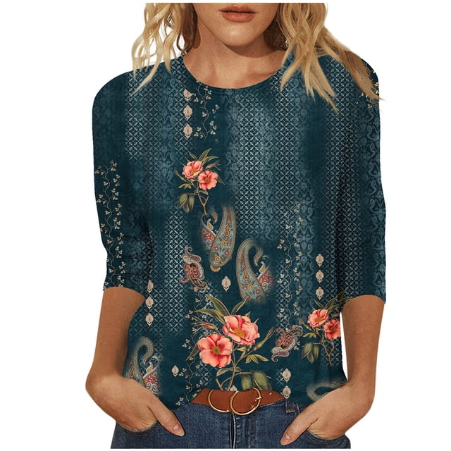 COM1950s Blouses pour Femmes, T-Shirts pour Femmes, T-Shirt à Imprimés Mode pour Femmes Manches 3/4 Blouse Col Rond Décontracté, Blouse pour Femmes, Blouses pour Femmes Manches 3/4, Blouses à Manches 3/4 pour Femmes