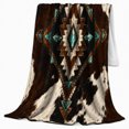 thumbnail image 2 of Ornate Central Diamond Against Dark spotted cattle pattern Patches, Soft Flannel Blanket with Ornamental Western Print, Housewarming Gift and Home Decor for Bedroom and Living Room, 2 of 7