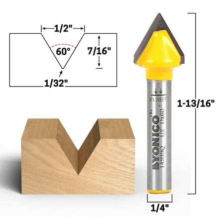 

60 Degree X 1/2 Diameter V Groove Flat Bottom Router Bit - 1/4 Shank - Yonico 14999q