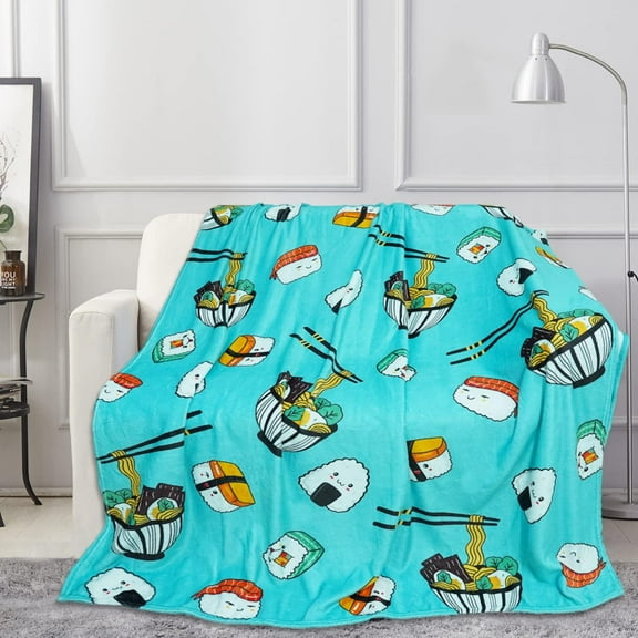 Sushi and Ramen Blanket 50"x60"Japanese Food Throw Blanket Cute Cartoon Sushi Themed Throw for Couch Sofa Bedroom Sushi Ramen Stuff Gift