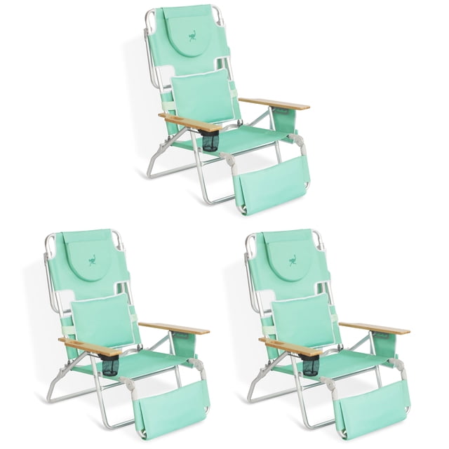 Ostrich Deluxe Padded 3-N-1 Outdoor Folding Beach Chair, Teal (3 Pack)