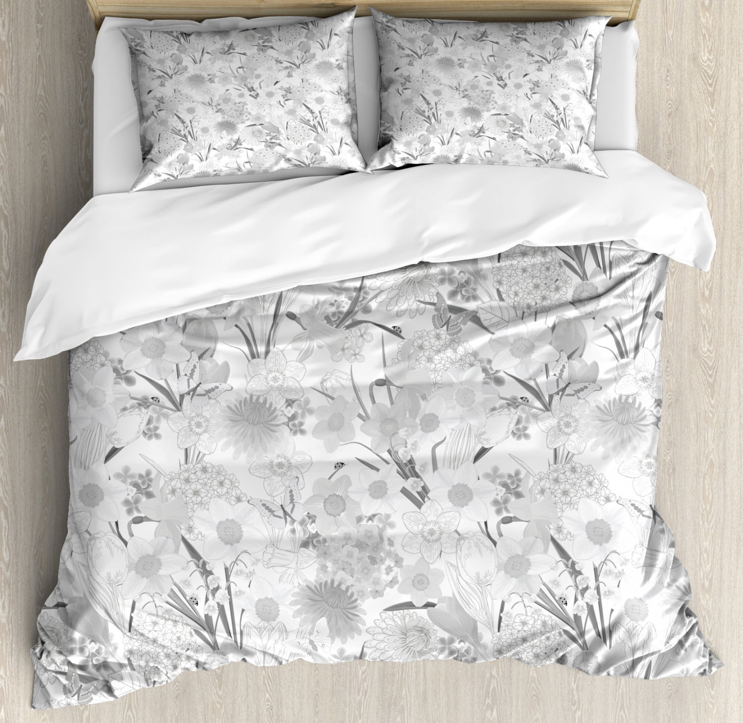 Flower Duvet Cover Set Queen Size, Monochrome Bouquet of Wildflowers