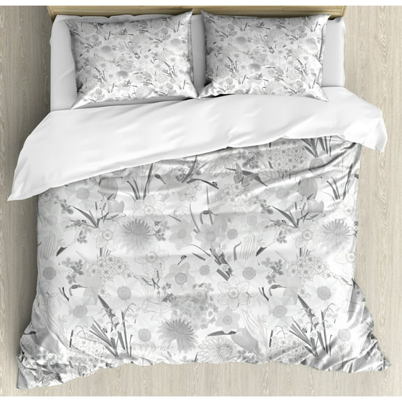 Flower Duvet Cover Set Queen Size, Monochrome Bouquet of Wildflowers Leaves Pattern with Butterflies, Decorative 3 Piece Bedding Set with 2 Pillow Shams, Pale Grey Grey and White, by Ambesonne
