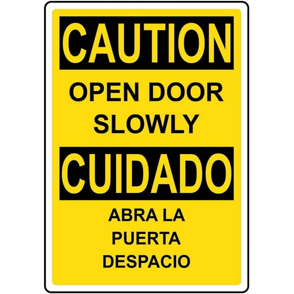 English   Spanish CAUTION Open Door Slowly Sign Safety Signs Style Caution Metal Tin Sign– Bold, High-Visibility Design for Safety,8×12 inch