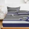 thumbnail image 6 of Twin Sze Fitted Sheet Set - Anchor Black 2 Piece Bedding Sets 16" Deep Pocket Fitted Sheet with 1 Pillowcase, Modern Navy Blue White Striped Nautical Brushed Microfiber Hotel Luxury Bed Sheets, 6 of 9