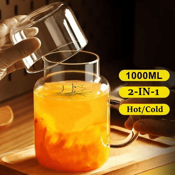 Bxaolu Glass Pitcher with Lid[Cup], 34 oz/ 1 Liter Water Pitcher, Glass Water Carafe for Cold Brew, Coffee, Lemonade, Iced Tea,Beverage, Heat Resistant Water Glass Jug 1Pack