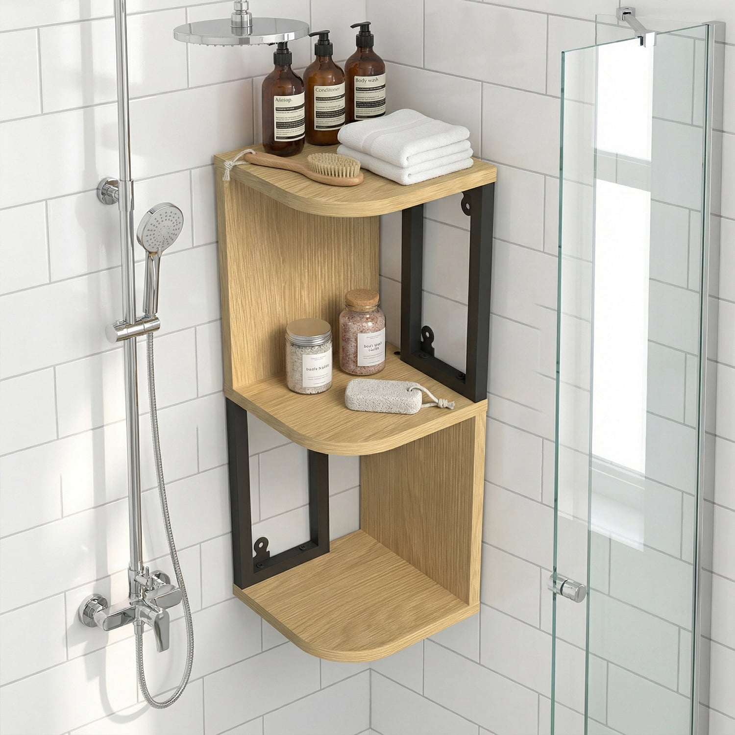 Demi Bonn L-Shaped Corner Wall Mounted Floating Shelves, Light Wood & Black Metal Frame, Invisible Bracket Anti-Sag Solid Wood Shelving for Bathroom Kitchen Living Room