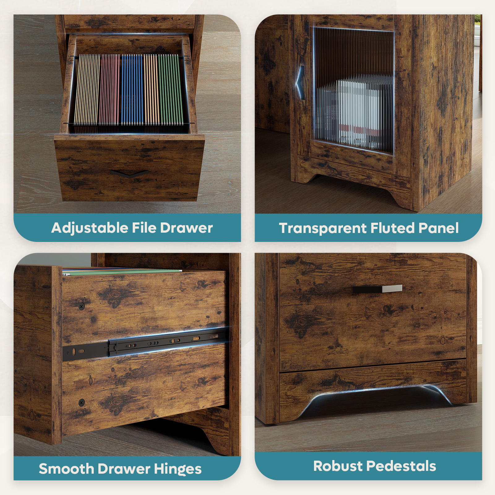 Bestier Farmhouse L Shaped Desk with Drawers, 63"Office Computer Desk with Charging Station & Fluted Storage Cabinet, Corner Desk with File Drawers, Modesty Panel for Home Office, Rustic Brown