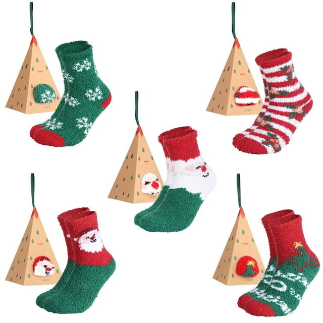 Paquete de 10 calcetines navideños, calcetines cálidos de invierno, calcetines de Papá Noel para árbol de Navidad, calcetines navideños coloridos, para regalo de fiesta de Navidad, 5 pares