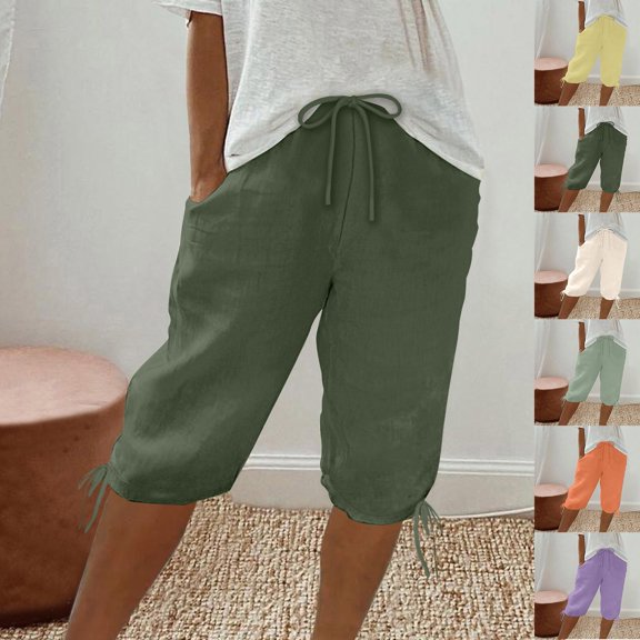 FAVIPT Women's Cotton Linen Shorts Drawstring Elastic High Waisted Tapered Shorts Knee Length Solid Casual Summer Shorts with Pockets Beige,XL