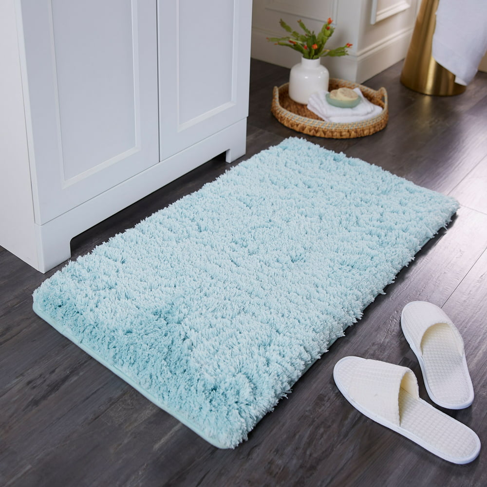 Durable memory foam bathroom rug in light blue