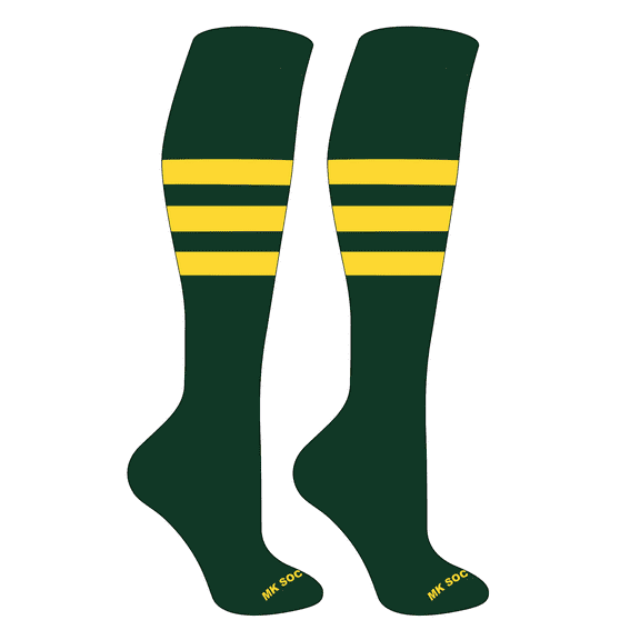 MK Socks Striped Knee High Baseball, Football Socks (A) Dark Green, Yellow