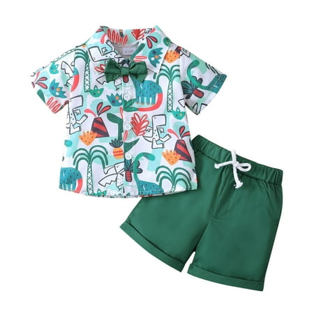 

Kids Toddler Boy Clothes Casual Short Sleeve Cartoon Printed Shirt Soild Shorts Pants 2pcs Outfits Set Toddler Vest Dress Pants