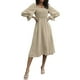 thumbnail image 1 of Vestido plisado de manga acampanada, cuello ancho, cintura alta, línea A, vestido largo de primavera para uso diario y en el trabajo, 1 of 6