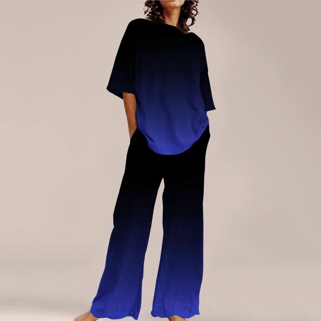 Ensembles de Pyjama pour Femmes, Convenant à l'Été, Col Rond, Manches Courtes Amples, Haut Chemise à Imprimé Floral avec Pantalon, Grande Taille, Ensemble 2, TG