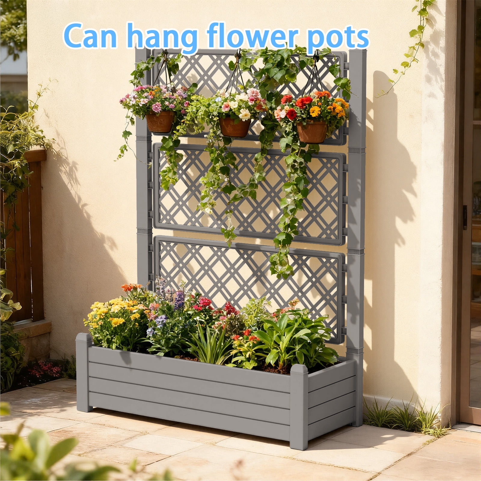 MAYEERTY Freestanding Raised Garden Bed with Trellis, Built-In Water Storage Planter for Climbing Plants Vegetables Flowers Garden Yard