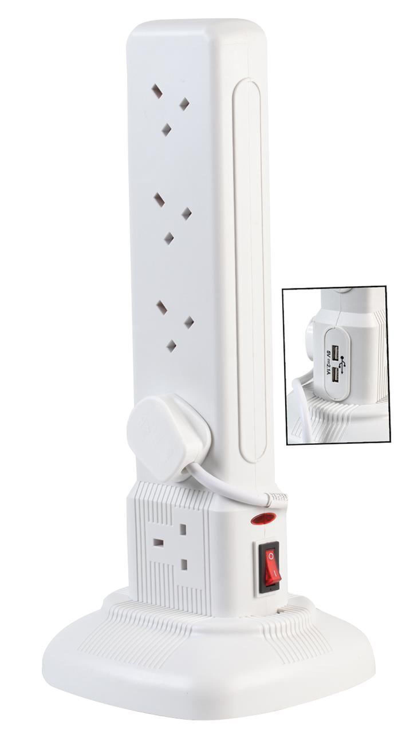 PRO ELEC 10 Way Switched Tower Extension Lead with USB, 2m White