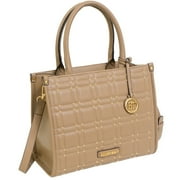 Ellen Tracy Chain Faux Smooth Leather Square Quilted Satchel Bag 012-Tan