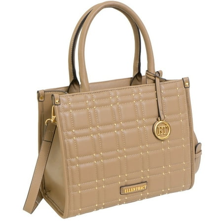 Ellen Tracy Chain Faux Smooth Leather Square Quilted Satchel Bag 012-Tan