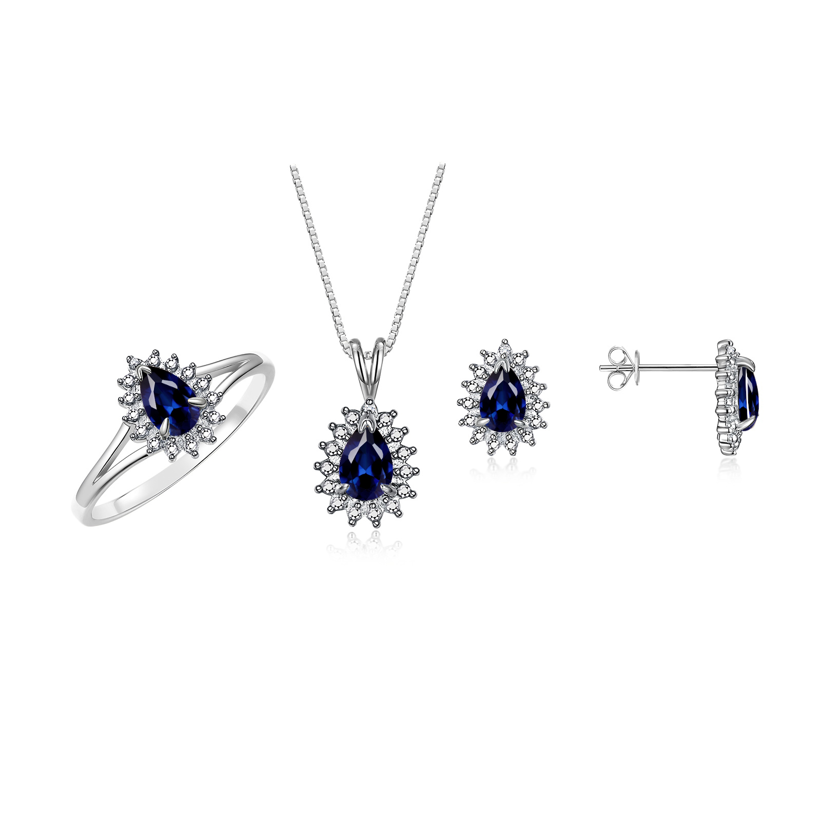 RYLOS Women's 14K White Gold Birthstone Set: Ring, Earring & Pendant Necklace. Gemstone & Diamonds, 6X4MM Sapphire September Birthstone. Perfectly Matching Gold Jewelry, Size 5