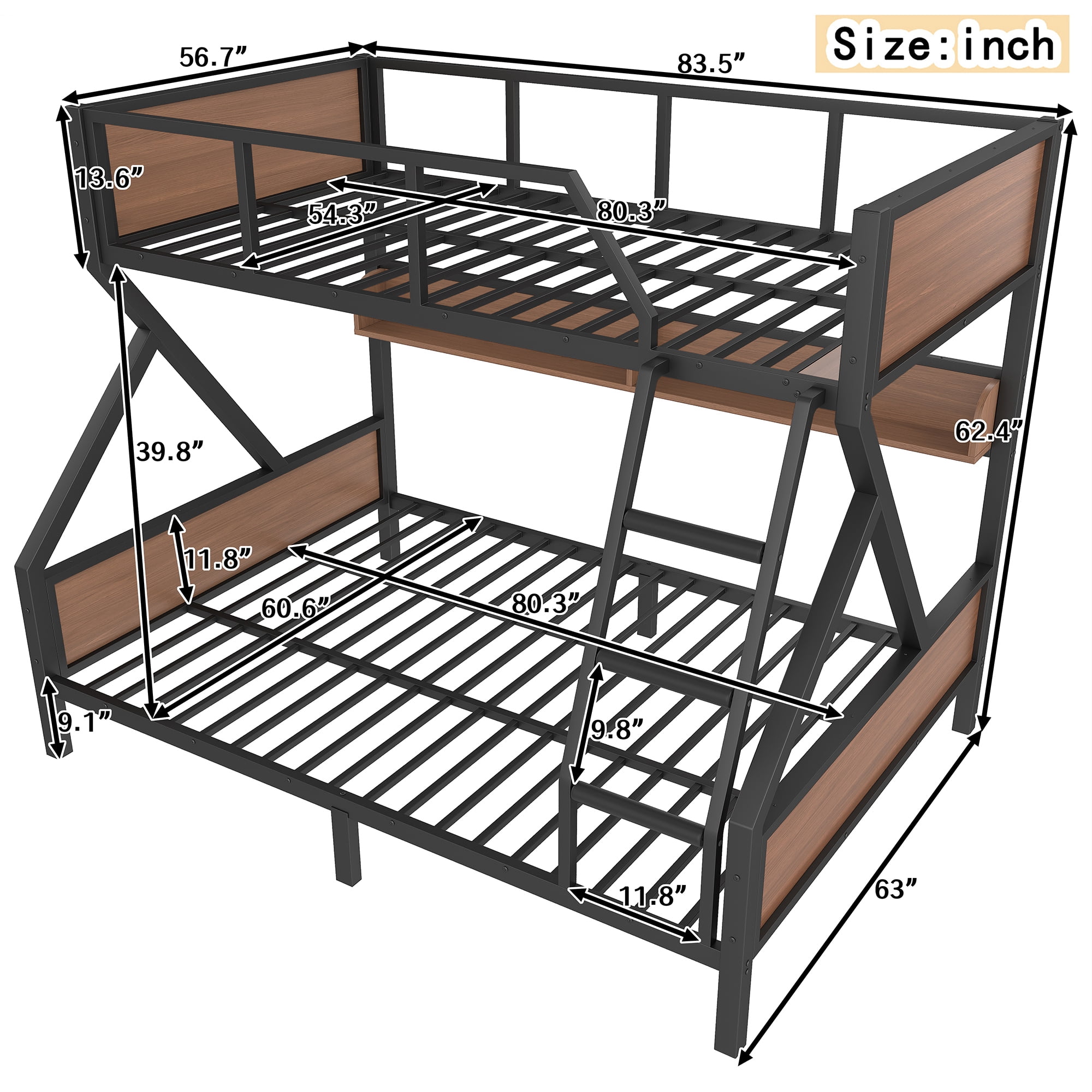 Full XL/Queen over Queen Metal Bunk Bed with Storage Shelves and LED Lights, Metal Bunk Bedframe with Safety Guardrails, Space-saving & Noise-free Design