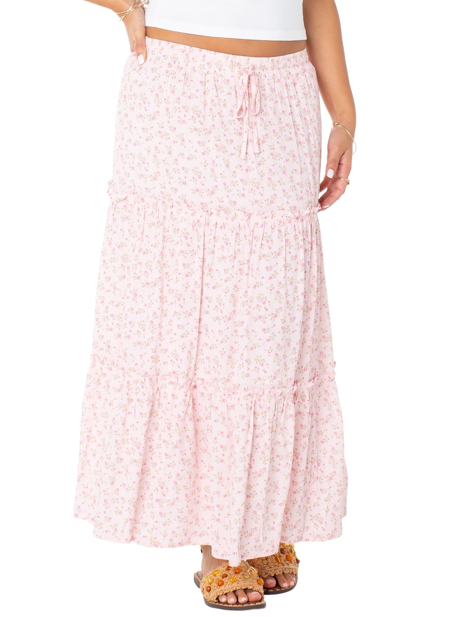 Celebrity Pink Women's and Women's Plus Floral Print Tiered Maxi Skirt, Sizes XS-4X