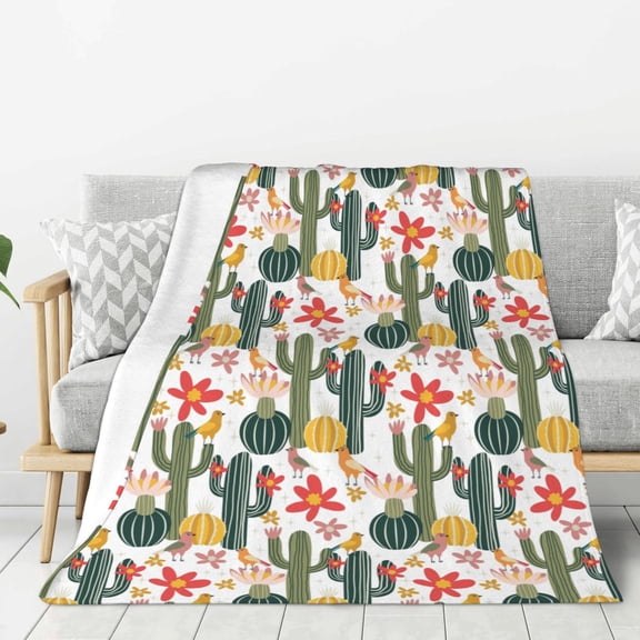 Rateoe Summer Cactus With Blooming Pattern Flannel Throw Blanket, Ultra-soft Blanket for Bed, Couch, Car, Hypoallergenic Anti-pilling blanket-40"x30"(Vertical)