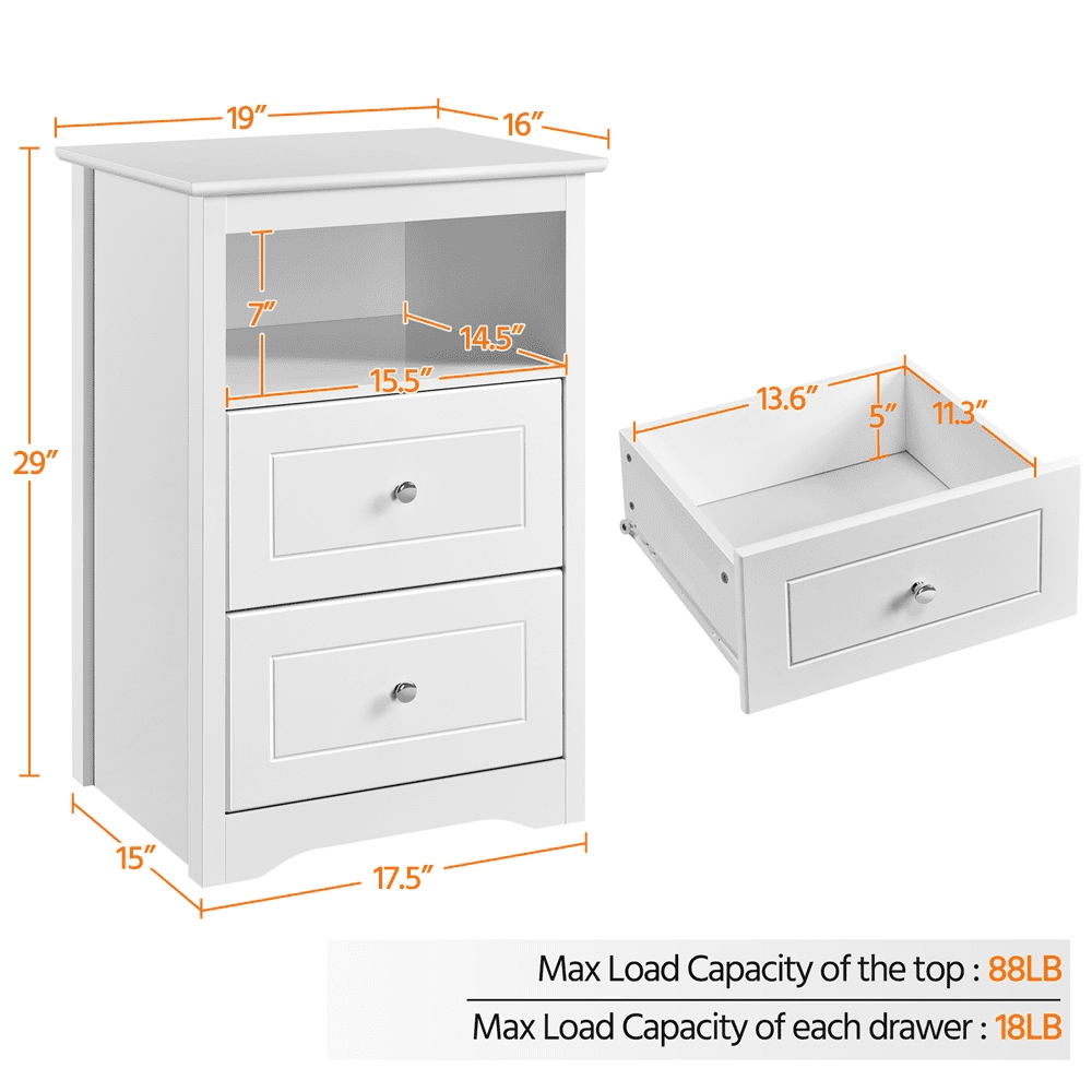 Renwick Wooden Nightstand with Storage Drawers and Open Shelf, White