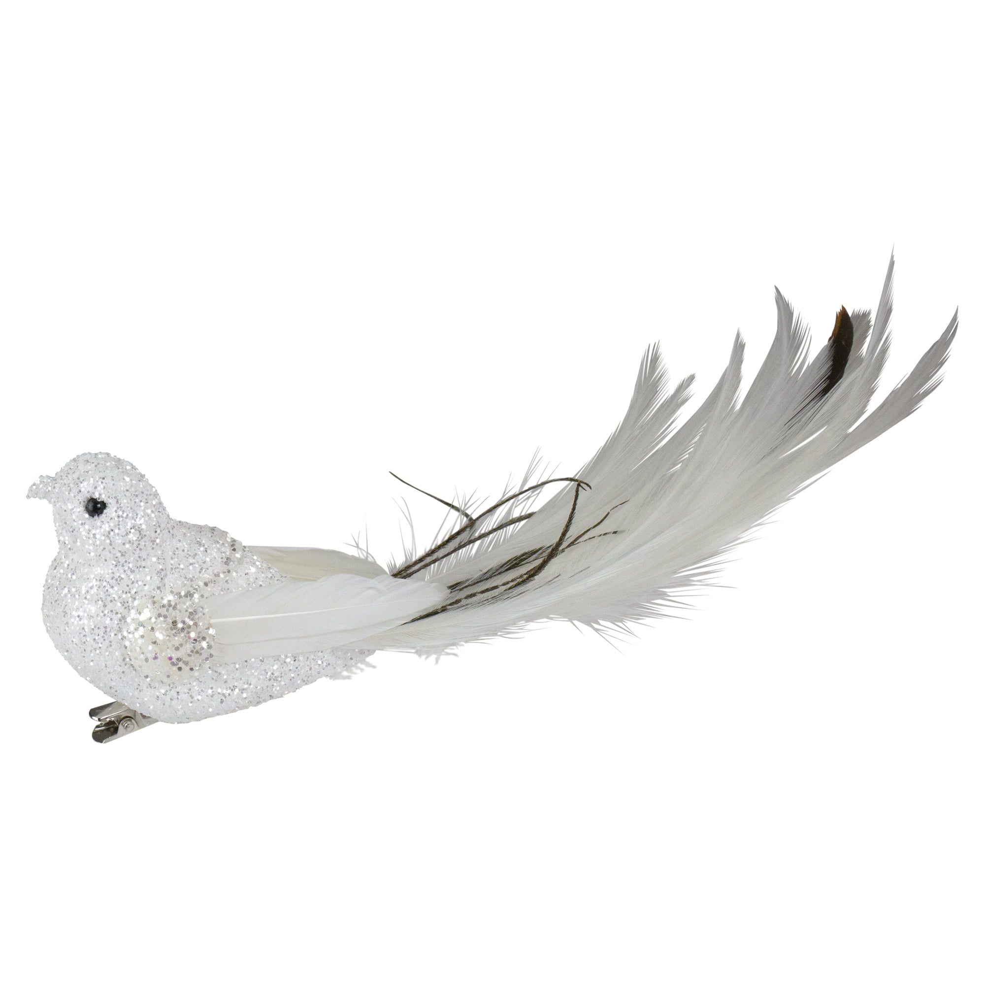 Northlight 8" White and Black Glittered Bird with Feather Tail Christmas Ornament with Clip