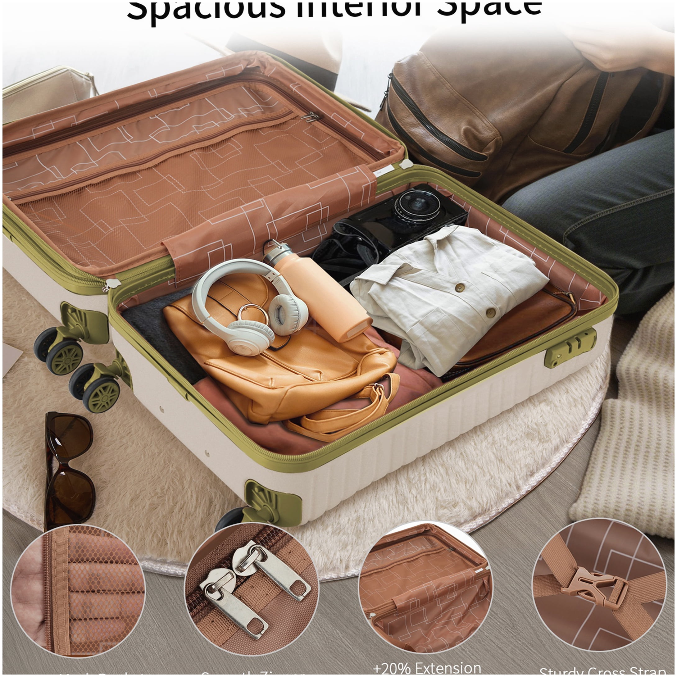 3 Piece TSA Lock Carry On Luggage Set, Lightweight Hardshell Spinner Suitcase Airline Approved, White and Green