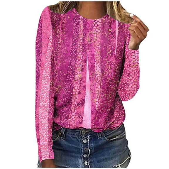 IROINNID Polyester Long Sleeve T Shirt for Women Casual Printed Loose Round Neck T-shirt Tops Blouse,Hot Pink