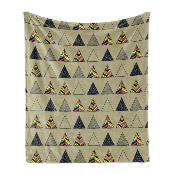 Grunge Soft Flannel Fleece Blanket, Geometric Pattern with Triangles and Colorful Lines Horizontal Design Retro Motifs, Cozy Plush for Indoor and Outdoor Use, 50" x 60", Multicolor, by Ambesonne
