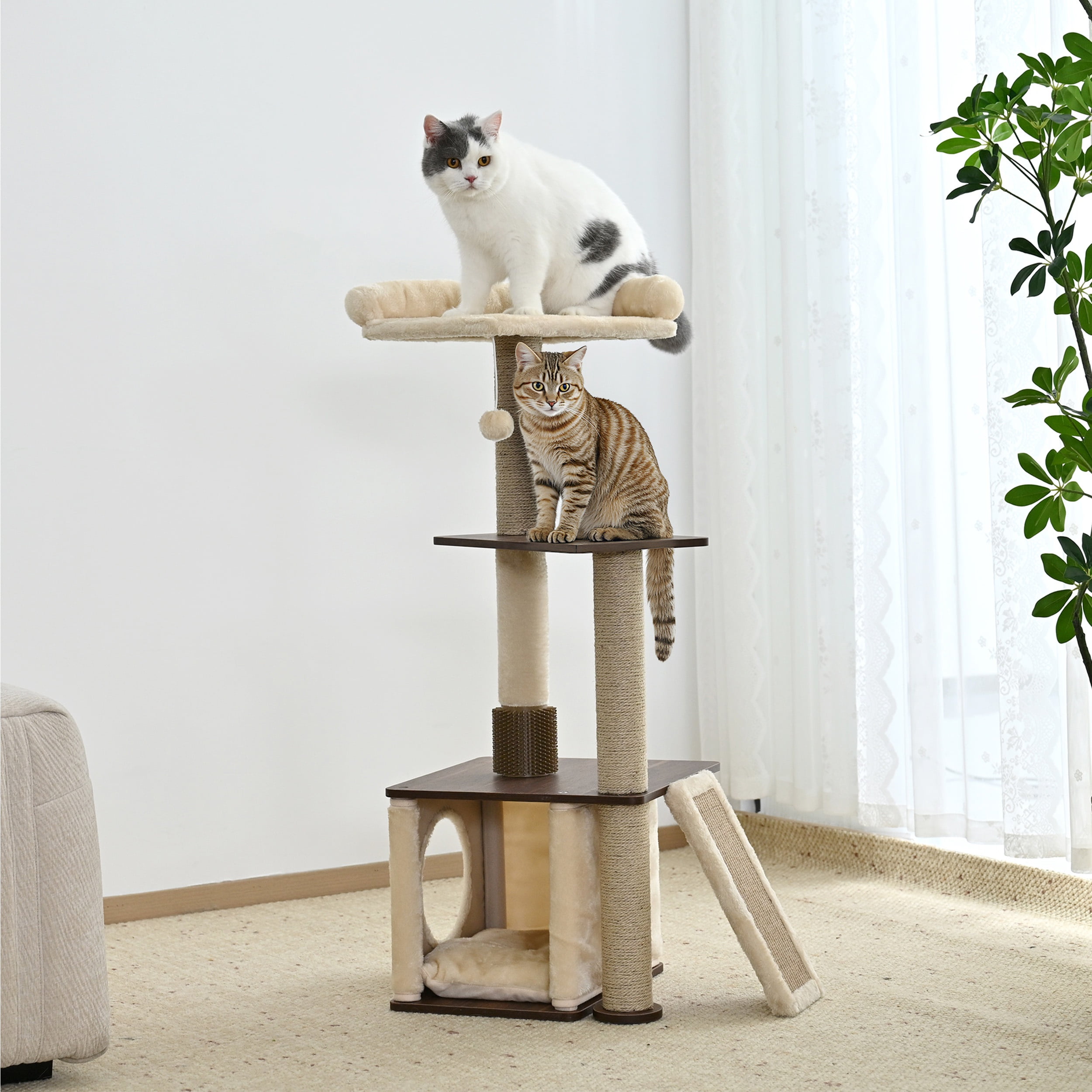 Vibrant Life 4-Level 43" Cat Tree with Grooming Brush and Condo, Beige