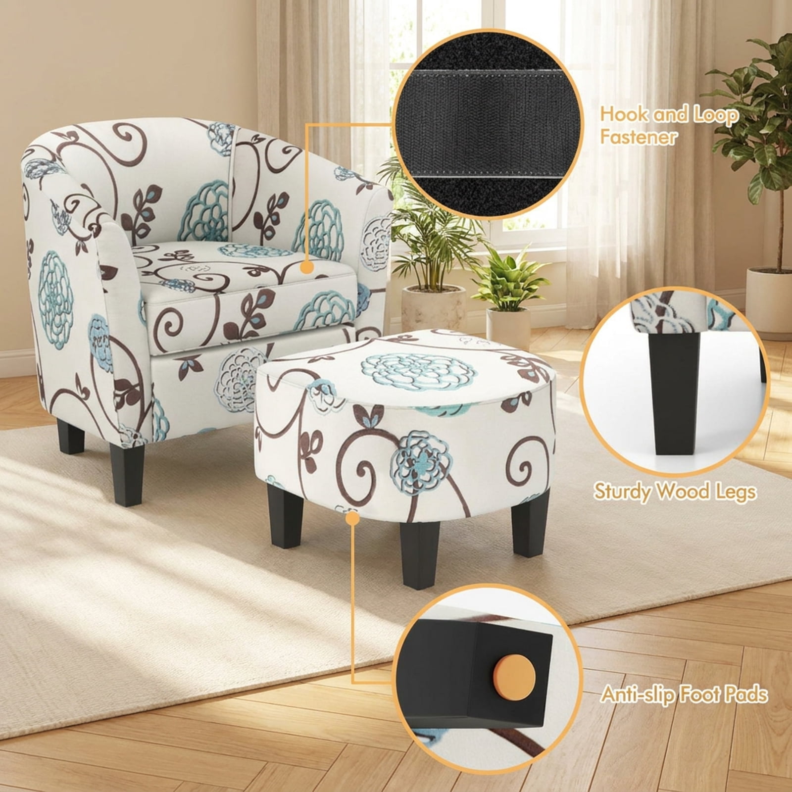 Furnibear Modern Accent Tub Chair and Ottoman Set with Fabric Upholstered for Living Room Bedroom Reading Nook Accent Lounge Home, Beige