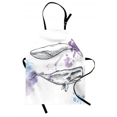 Whale Apron Grunge Ocean Mammals with Paintbrush Effects and Brushstroke Murky Artwork, Unisex Kitchen Bib Apron with Adjustable Neck for Cooking Baking Gardening, Lavender Grey Blue, by