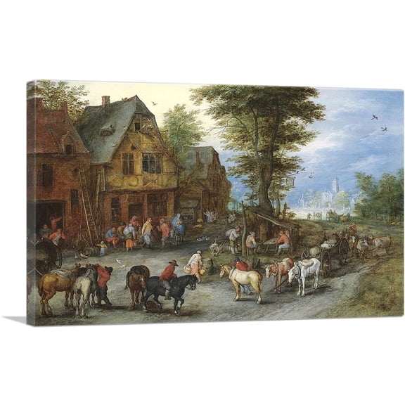 ARTCANVAS Village Landscape With Horses Carts Figures Before Cottages Canvas Art Print by Jan Brueghel The Elder - Size: 12" x 8" (0.75" Deep)