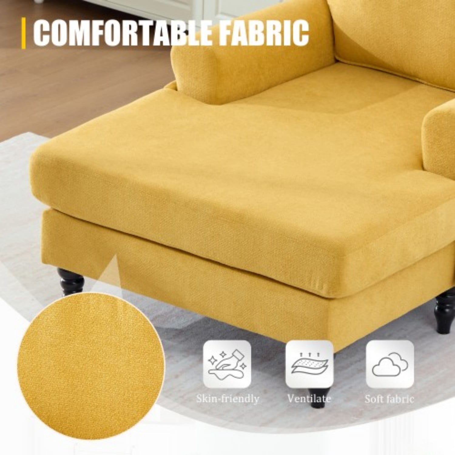 Chenille Chaise Lounge Chair, Oversized Upholstered Recliner Sofa with Wide Seat, High Density Foam Backrest, Solid Wood Legs & Side Pockets for Living Room, Bedroom, Office, Mustard yellow