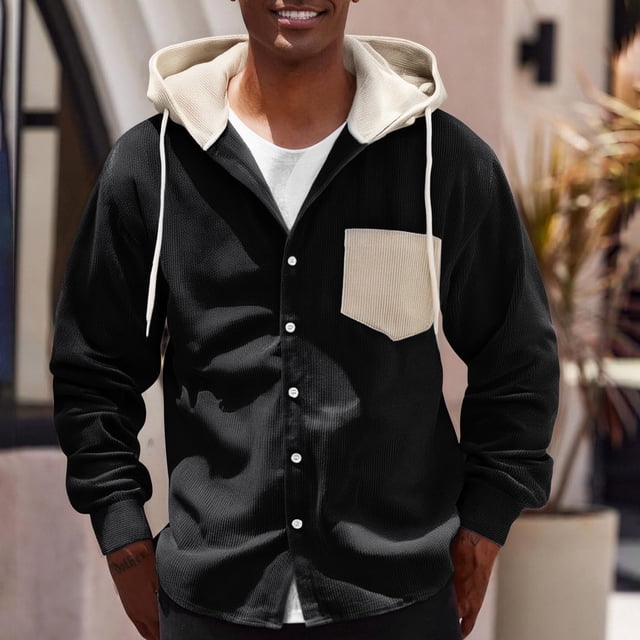 NJDVHB Fall Winter Coats for Men,Puffer Jacket Men,Trench Coats for Menable Solid Long Sleeved Hooded Drawstring Pocket Button Jacket,Black,L