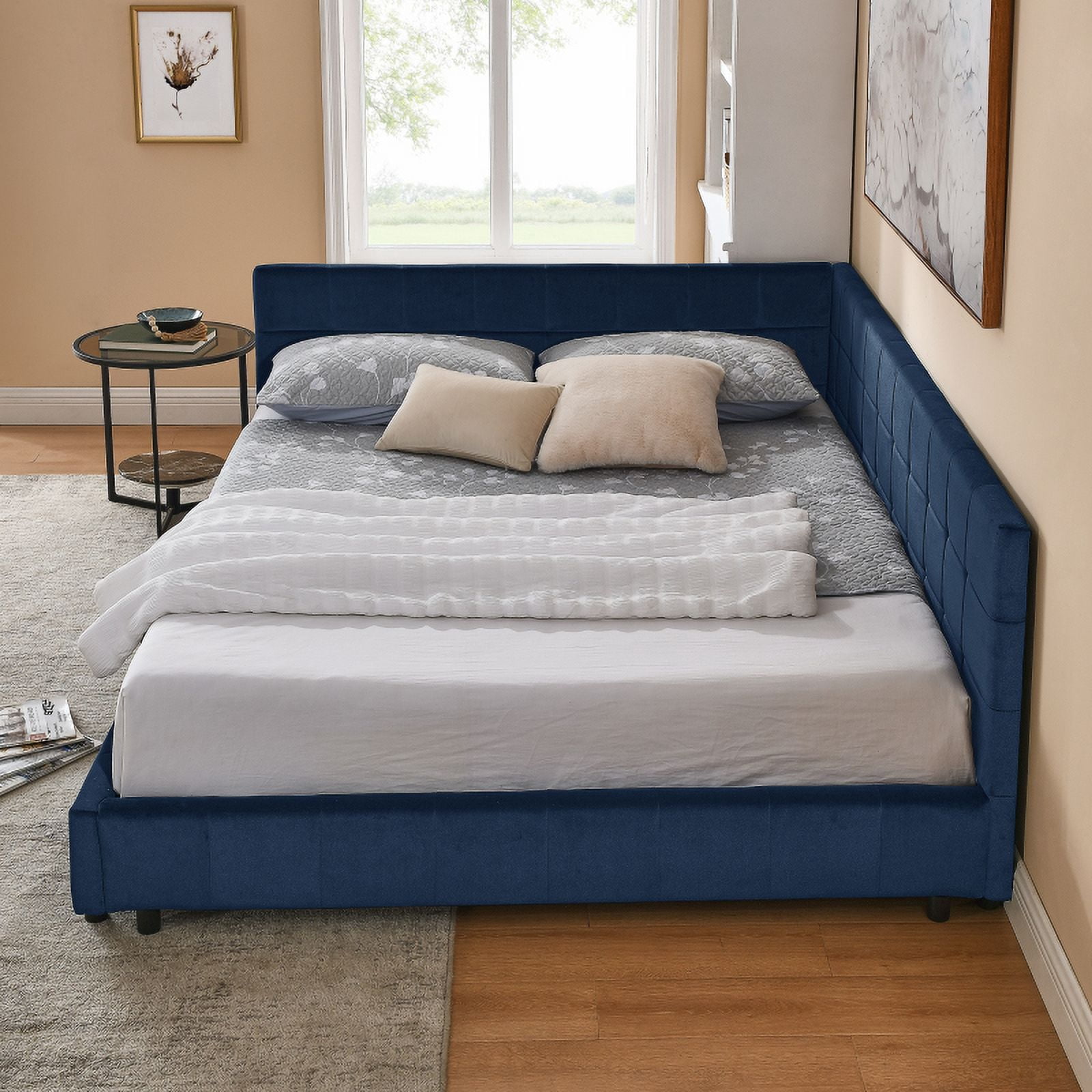 [Luckynote]Queen Size Upholstered Tufted Bed Frame, Sofa Bed Frame with Comfortable Backrest and Armrests, Queen Size Bed for Bedroom, Living Room,Velvet, DARK BLUE