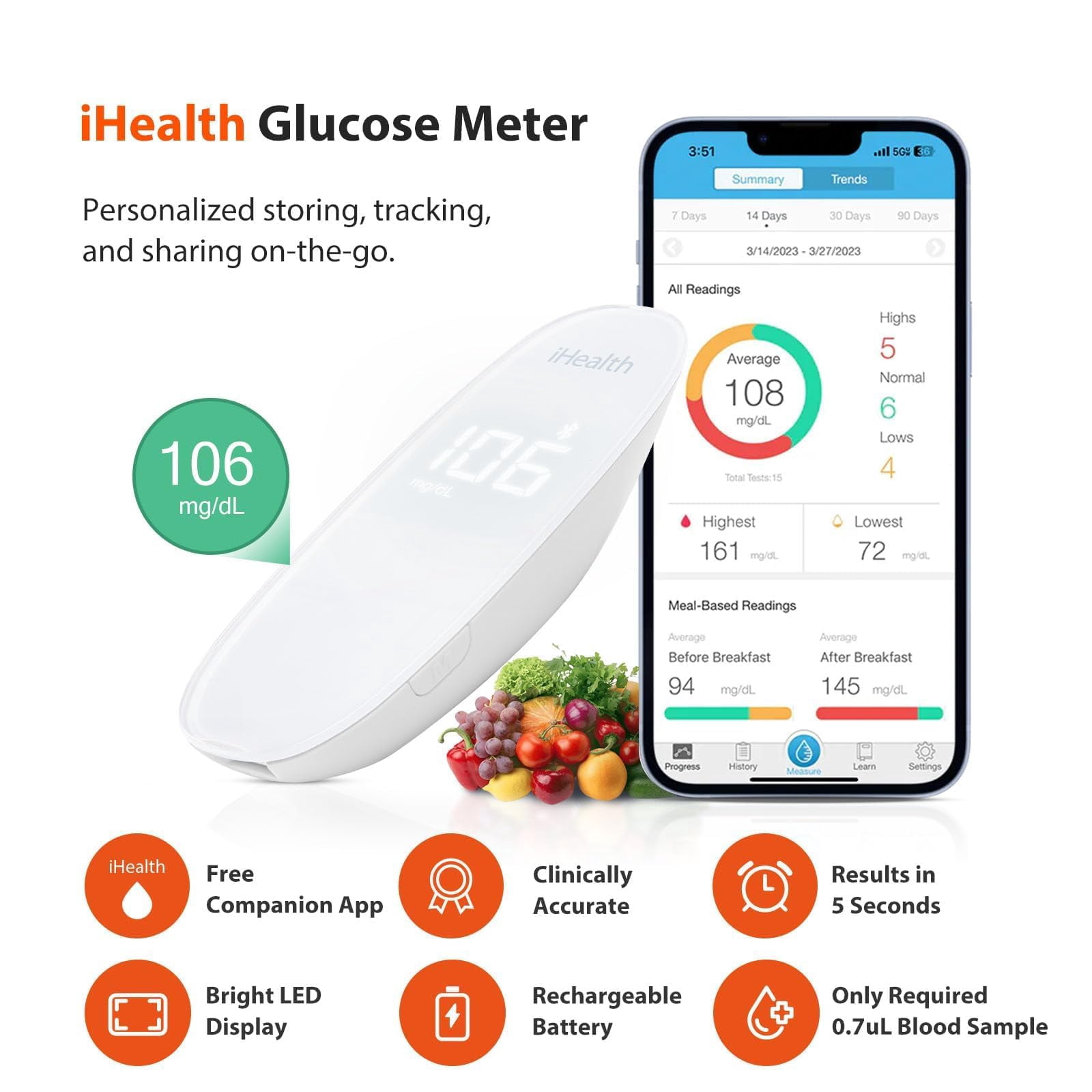 iHealth Gluco+ Wireless Smart Blood Glucose Monitor Kit, Bluetooth Blood Sugar Meter with 100 Test Strips, 100 Lancets and Lancing Device